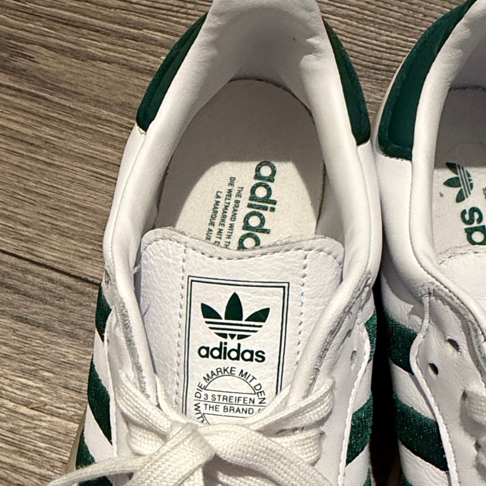 Women’s adidas White Leather Sneakers with Green Stripes and Gum Sole - Picture 10 of 11